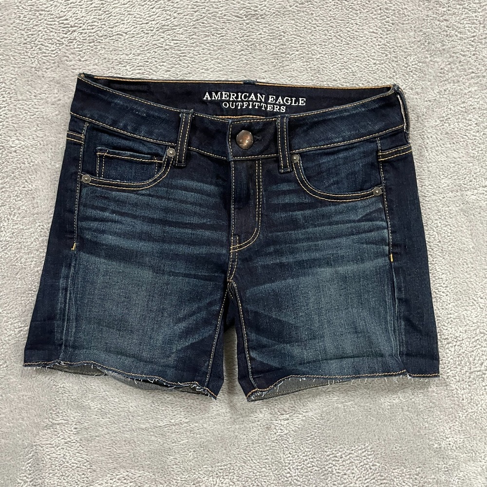 American Eagle Outfitters Midi Shorts Womens 2 Blue Whisker Denim Cotton Stretch